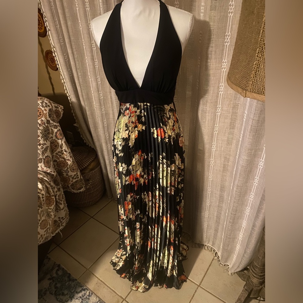 Betsey and Adam Floral Pleated Halter  Maxi Dress - Black and Multicolor